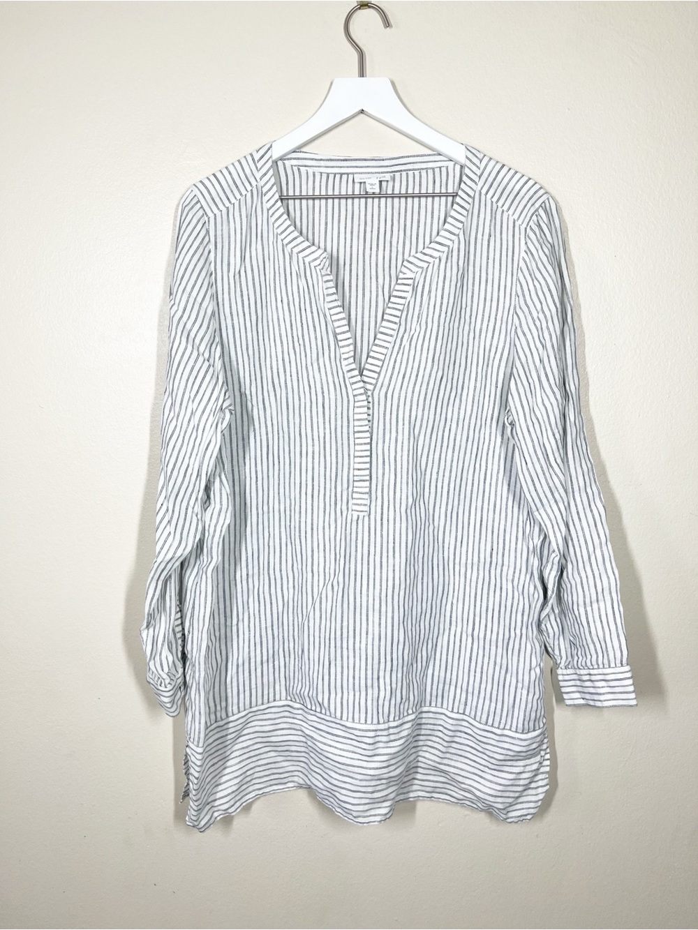 J Jill Love Linen Light Gray Stripe Women’s Popover Tunic Top Size Large